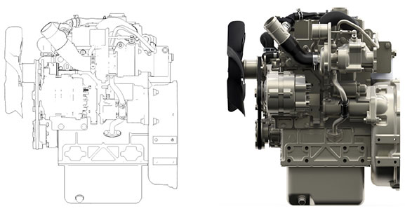 Perkins Engine Drawing Next to Finished Engine